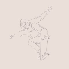 A young skateboarder training in a skatepark, jumping on a skateboard into the air with a coup