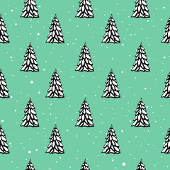 Christmas tree seamless pattern on blue background.