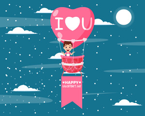 Happy cute kid boy character flying with hot air hart shape valentine balloon and waving with hart shape symbol on sky background with clouds