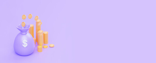 A money bag with coins isolated on a purple background. 3D rendering. Horizontal empty banner