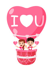 Happy cute kid boy and girl character flying with hot air hart shape valentine balloon and waving with hart shape symbol on white background with I love you text