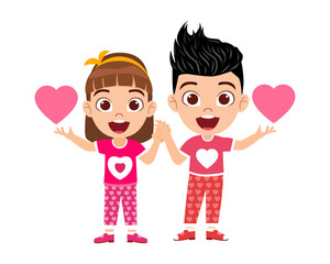 Happy cute kid boy and girl character standing and holding hands together and waving with hart shape symbol