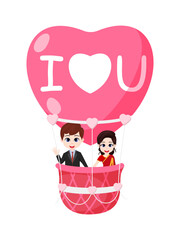 Happy cute boy and girl character flying with hart shape love hot air balloon on white background and with I love you text