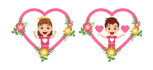 Happy cute kid boy and girl character avatar in hart shape frame with flowers