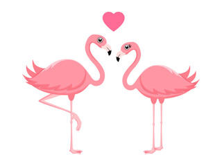 two pink flamingos standing with heart shape symbol isolated 