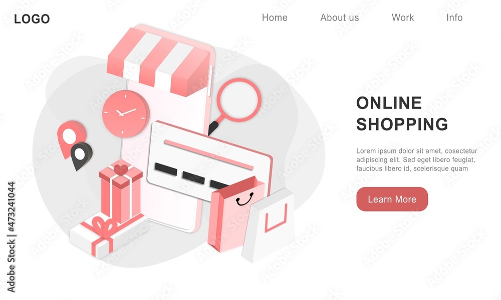Poster 3d realistic online shopping on landing web page or mobile application concept of vector digital mar