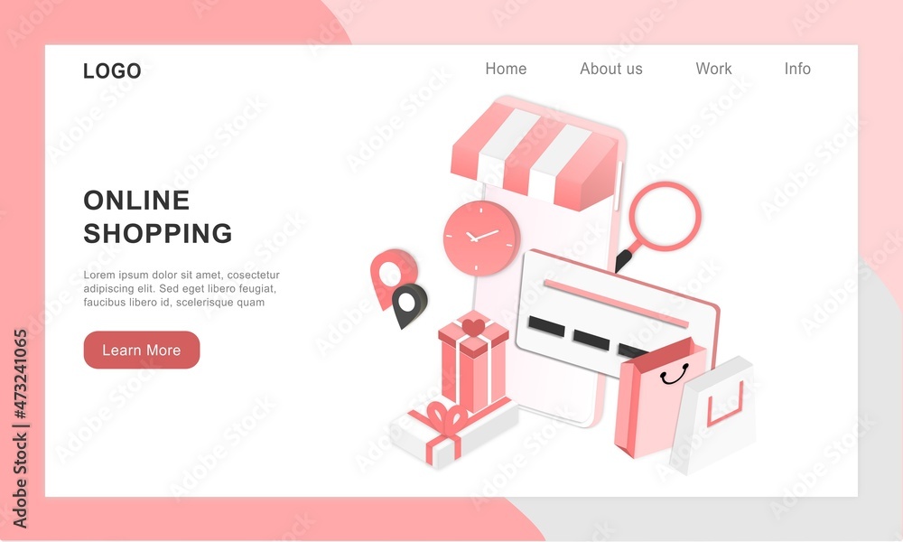 Poster 3d realistic online shopping on landing web page or mobile application concept of vector digital mar