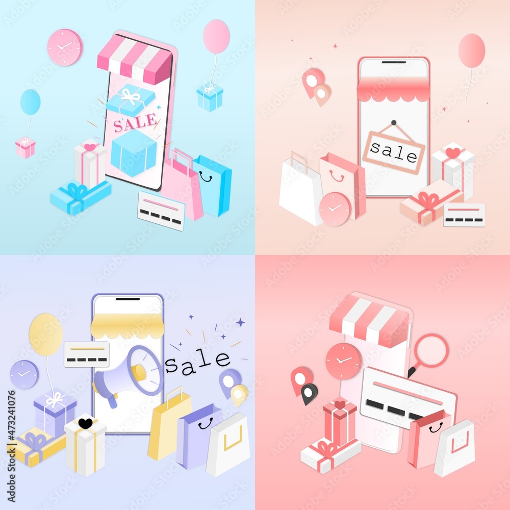 Poster set of 3d realistic online shopping on website or mobile application concept of vector marketing and
