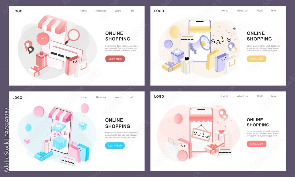 Poster set of 3d realistic online shopping on landing web page or mobile application concept of vector digi
