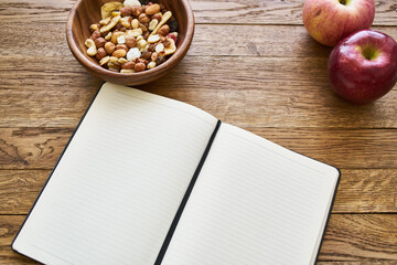 dry breakfast cereals notepad diet wooden background