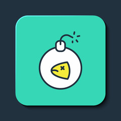 Filled outline Bomb ready to explode icon isolated on blue background. Turquoise square button. Vector