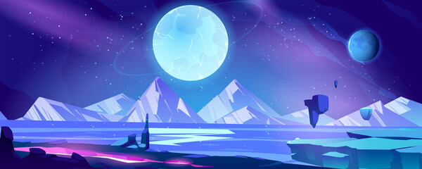 Alien planet landscape, cosmic background, deserted coastline with mountains view, glowing cleft, stars and shining spheres in space. Extraterrestrial pc game backdrop, cartoon vector illustration © klyaksun