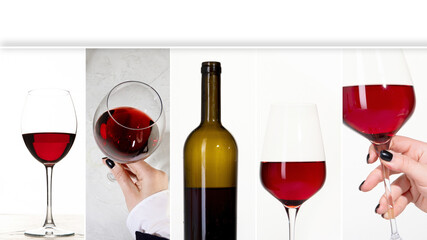 Collage made of Young woman holding glass of red wine.
