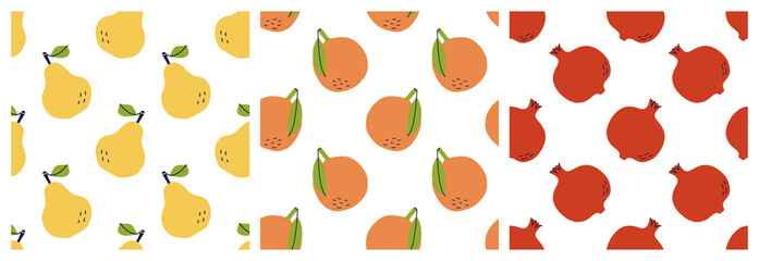 Pear, orange and garnet. Fruit seamless pattern bundle. Color illustration collection in hand-drawn style. Vector repeat background set