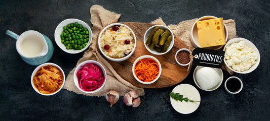 Best sources of probiotic on gray background.