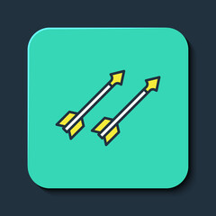 Filled outline Medieval arrows icon isolated on blue background. Medieval weapon. Turquoise square button. Vector