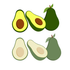 Fresh whole, half and sliced avocado isolated on white background Vector illustration.
