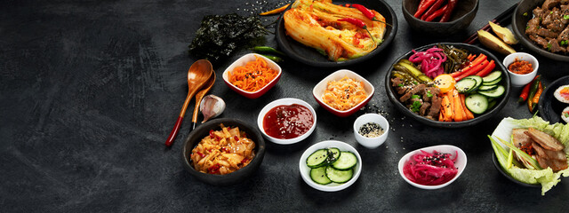 Assortment of Korean traditional dishes. .