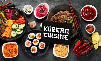 Assortment of Korean traditional dishes. .
