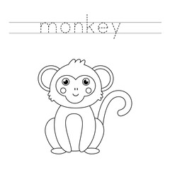 Trace the letters and color cute monkey. Handwriting practice for kids.