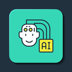 Filled outline Humanoid robot icon isolated on blue background. Artificial intelligence, machine learning, cloud computing. Turquoise square button. Vector
