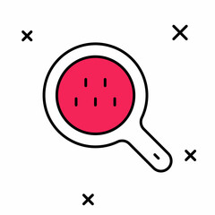 Filled outline Magnifying glass and taxi car icon isolated on white background. Taxi search. Vector