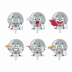 happy sweet white lollipop waiter cartoon character holding a plate