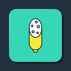 Filled outline Salami sausage icon isolated on blue background. Meat delicatessen product. Turquoise square button. Vector