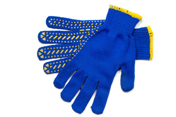 Knitted gloves in blue on a white background.