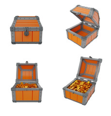 Wooden Medieval Chest Empty and With Golden Coins. 3D Illustration. Isolated on White Background.