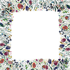 Greeting card with watercolor flowers. Abstract floral frame. Botanical hand drawn border.