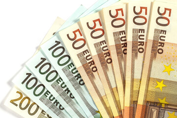 European money. Partial image of 50, 100 and 200 euro banknotes.