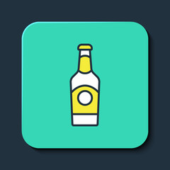 Filled outline Beer bottle icon isolated on blue background. Turquoise square button. Vector
