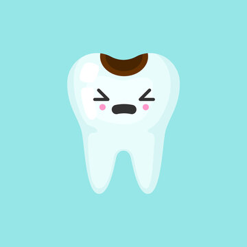 Caries tooth with emotional face, cute colorful vector icon illustration. Cartoon flat isolated image
