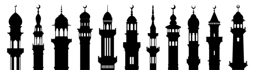 mosque minaret silhouette set. mosque minaret Vector set.  - obrazy, fototapety, plakaty