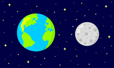 Earth and Moon on dark space starry background. Astronomy for kids. Vector cartoon illustration.