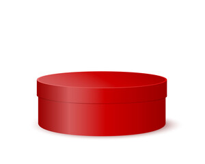 Red round box. Plastic, tin or cardboard package for product design. Container for gift, hat, cookies, cosmetics isolated on white background. Vector realistic illustration.