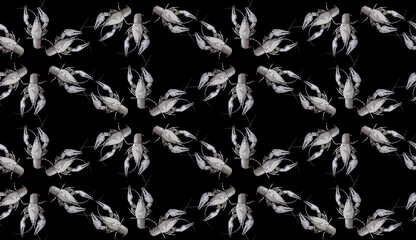Seamless pattern with crayfish on black background. Endless crawfish texture. Raster illustration.
