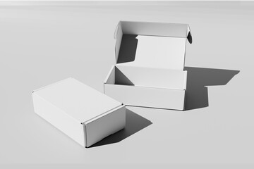 Two blank packaging boxes - open and closed mockup, isolated on grey background. Zero waste and eco friendly concept. Kraft cardboard box packaging. 3d rendering.