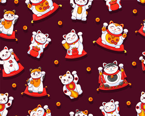 Maneki Neko Japanese cat seamless pattern. Various cute cats of good luck. Symbol wealth. Vector cartoon background