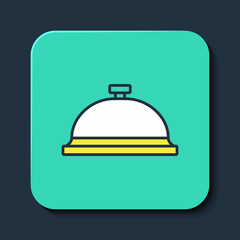 Filled outline Covered with a tray of food icon isolated on blue background. Tray and lid sign. Restaurant cloche with lid. Turquoise square button. Vector