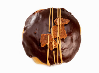 Donuts dough with chocolate topping on white background.