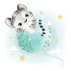 Baby Tiger Holding On a Balloon