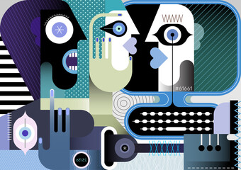 Un groupe de personnes communiquent entre elles en ligne. Illustration vectorielle monochrome d& 39 art moderne de quatre personnes adultes.