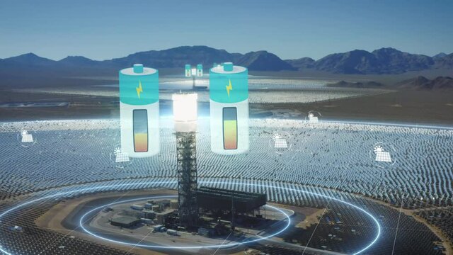 Solar towers with battery icons collecting energy on the desert - 3D graphics