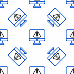 Obraz premium Line Computer monitor with exclamation mark icon isolated seamless pattern on white background. Alert message smartphone notification. Colorful outline concept. Vector