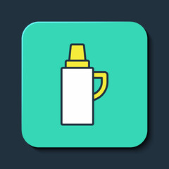 Filled outline Thermos container icon isolated on blue background. Thermo flask icon. Camping and hiking equipment. Turquoise square button. Vector