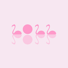 Minimal 2022 design idea with pink flamingos silhouettes and sun. New year greeting card