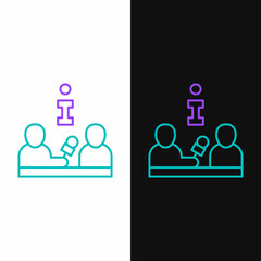 Line Interview with a famous person icon isolated on white and black background. Television or internet broadcast where a journalist talks to a celebrity. Colorful outline concept. Vector