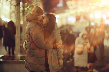 couple in love on a christmas walk in the city, evening snowfall december holiday new year